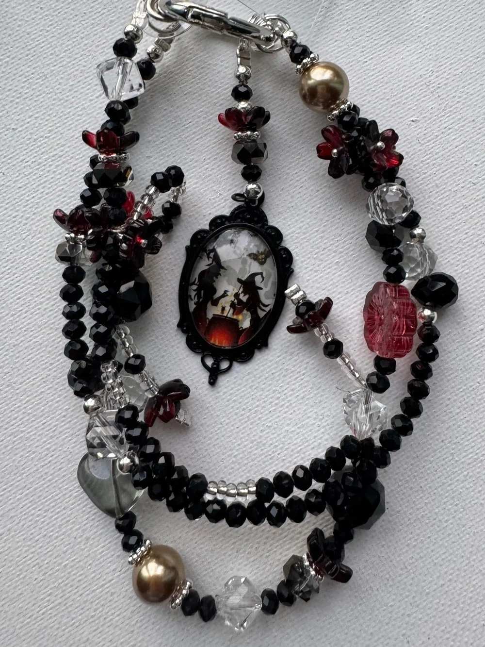 Black and Burgundy Witch Silhouette Beaded Phone Charm